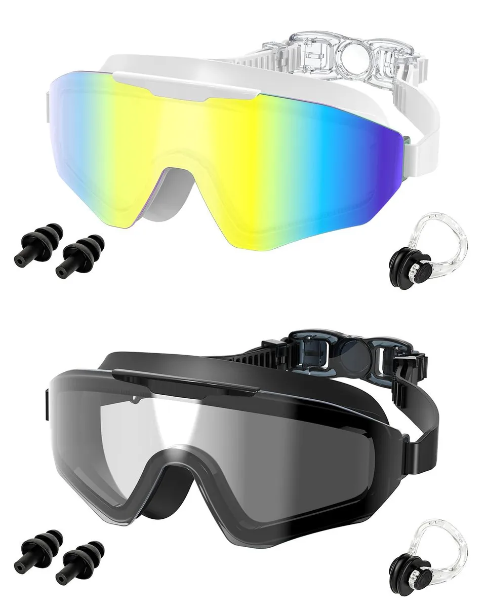 Two black swim goggles with wide lenses and silicone seals