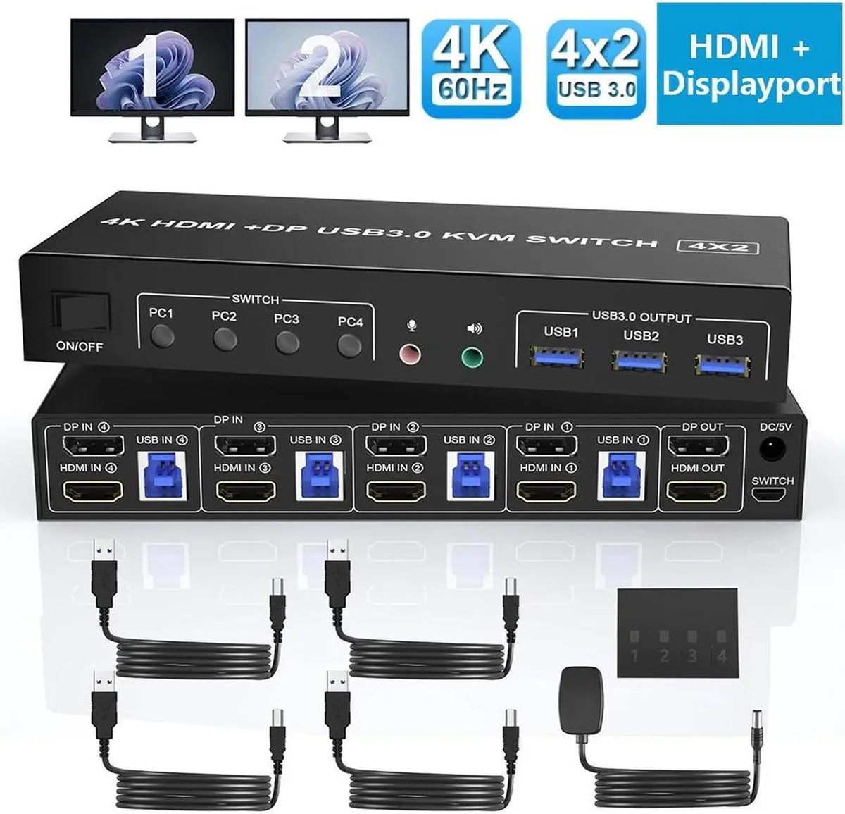 Vszerda Vszerda 4K@60Hz Dual Monitor KVM Switch 4 PCs USB 3.0 — product photo