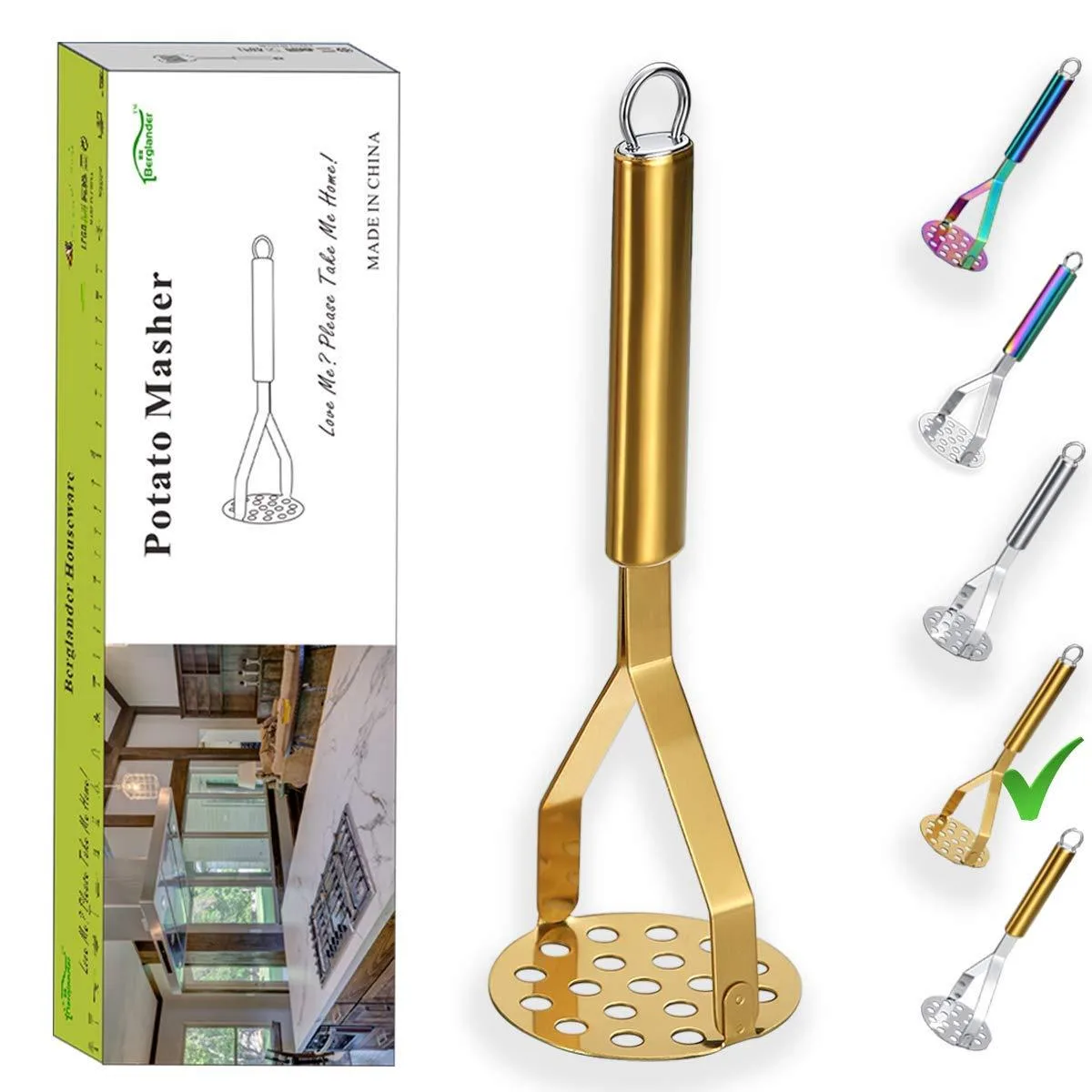 Gold titanium-plated stainless steel potato masher with mirror-polished head and matte handle
