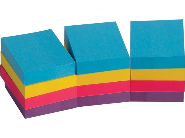 Twelve pads of small square adhesive notes in assorted bright colours