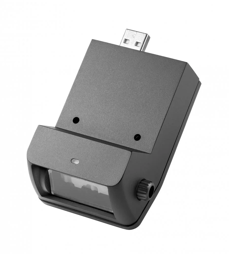 Black modular barcode scanner module, compact rectangular form, USB interface