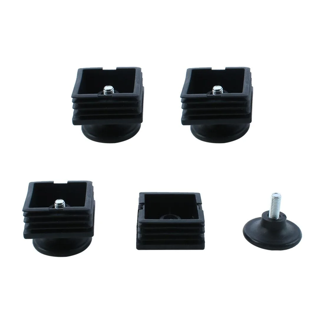 Four sets of 38mm square tube inserts with adjustable leveling feet and plastic bases