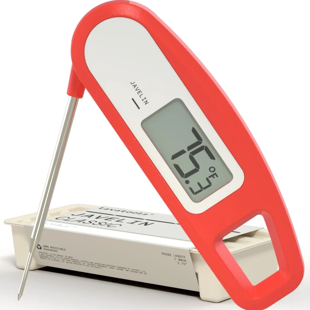 Red Sambal digital thermometer with folded 2.75 inch stainless probe and 1.4 inch display