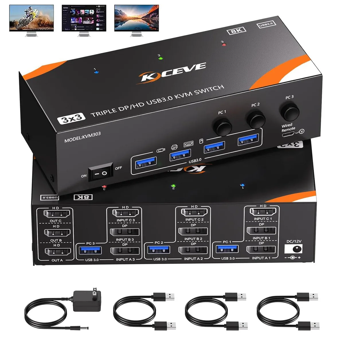 IHDAPP IHDAPP KVM Switch 3 Monitors 3 Computers 8K@60Hz/4K@120Hz HDMI+2DP — product photo