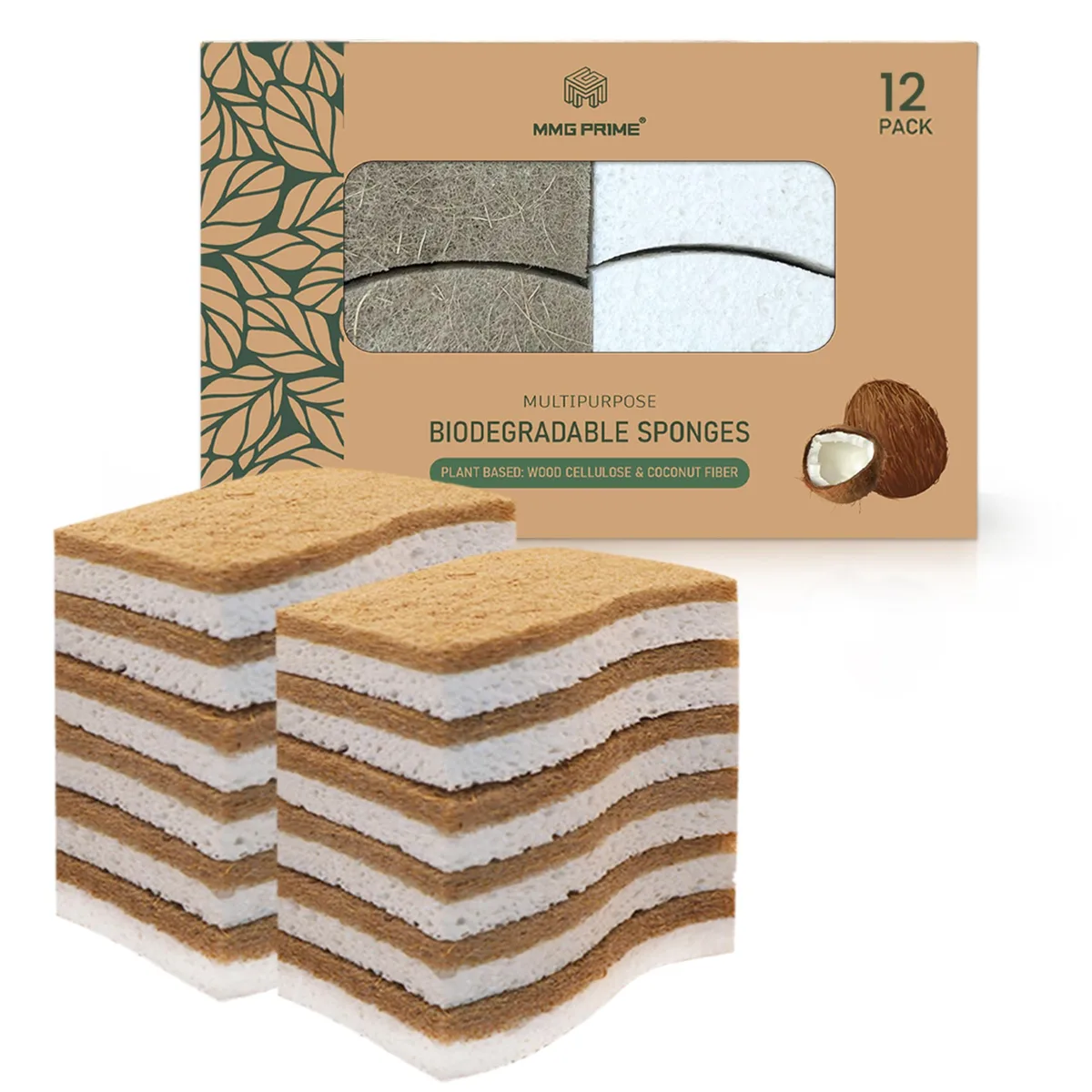 Twelve rectangular beige sponges with tan scrubber sides stacked in recyclable box