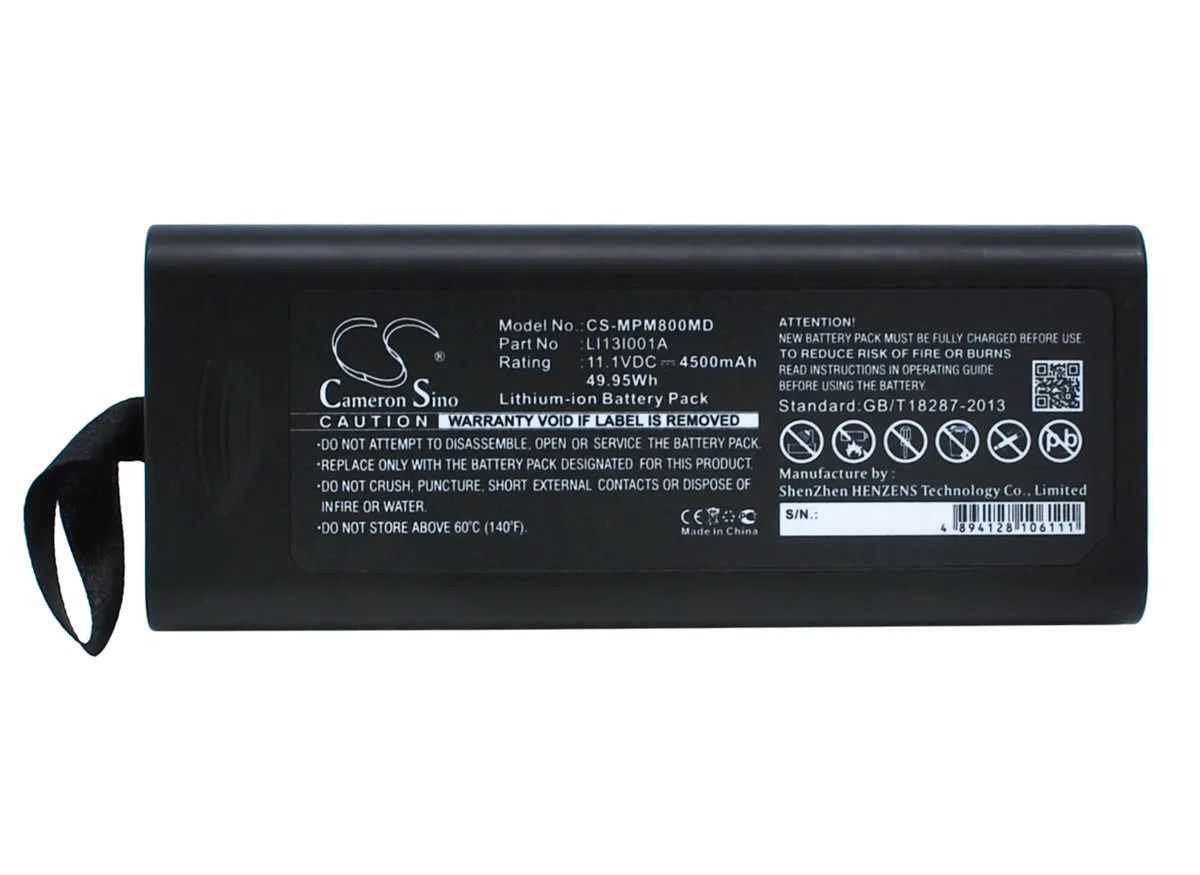 Rectangular medical battery pack with green label and connector terminals