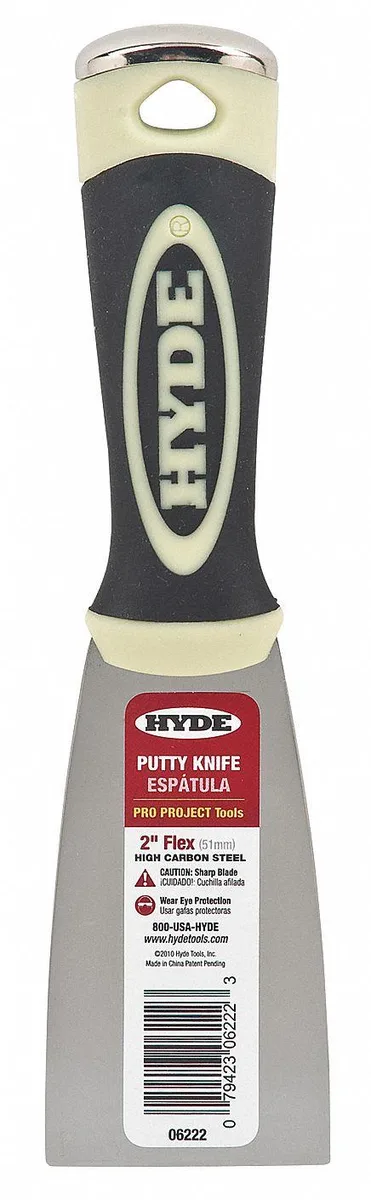 Hyde Tools 06222 flexible 2 inch carbon steel putty knife with black and cream soft grip handle