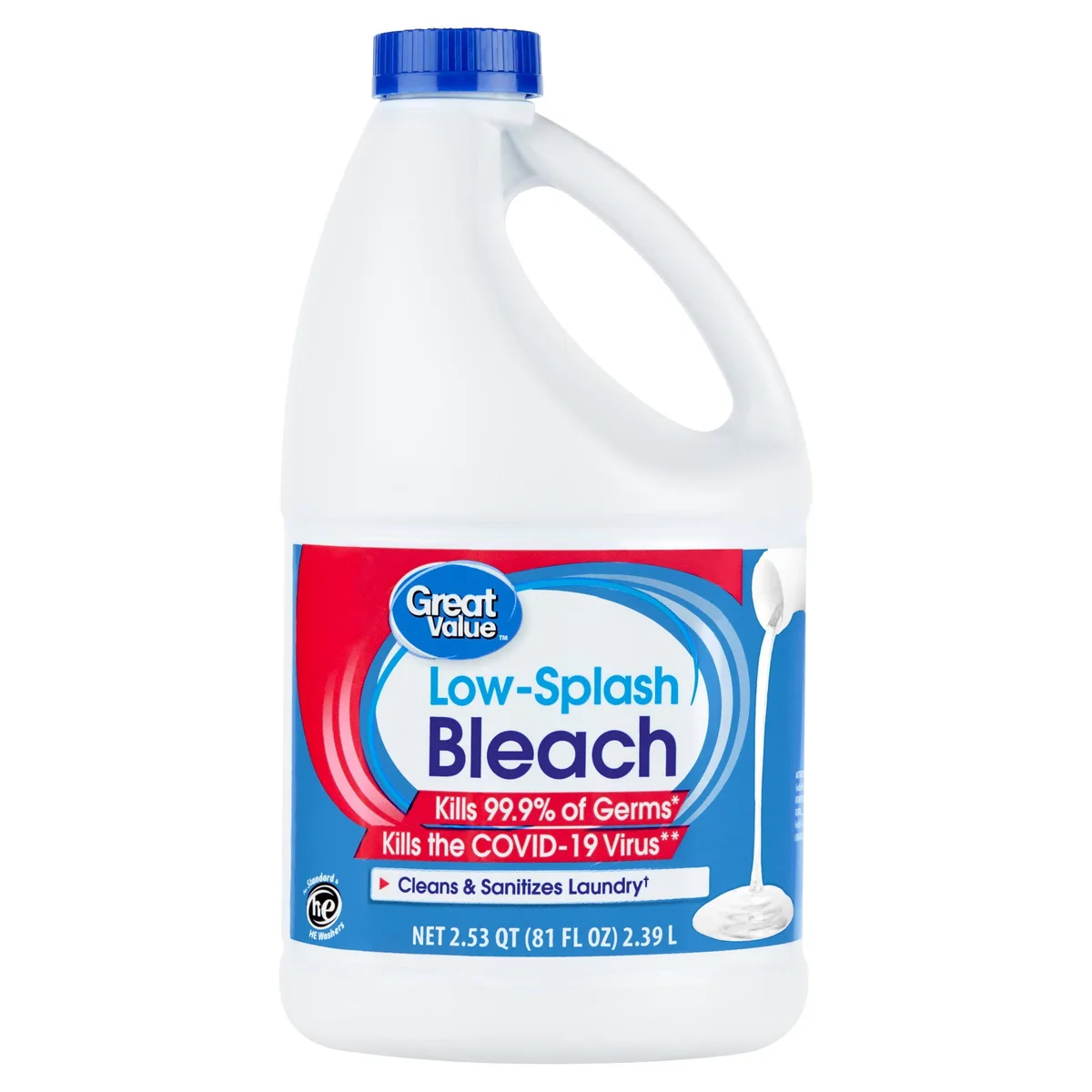 White plastic jug with handle labeled Great Value Low-Splash Bleach 81 fl oz