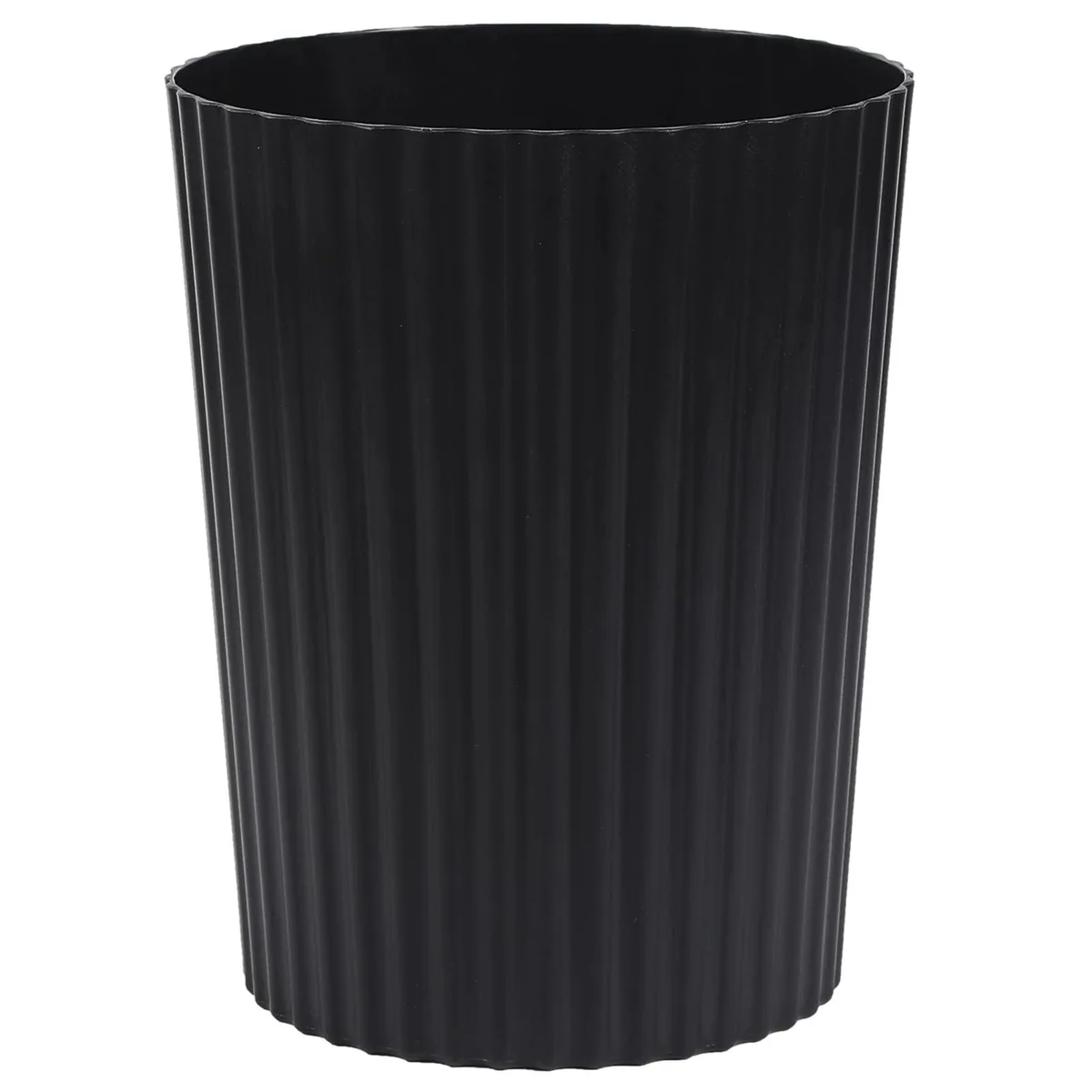 Twelve small round black plastic bins with vertical stripes and matte finish