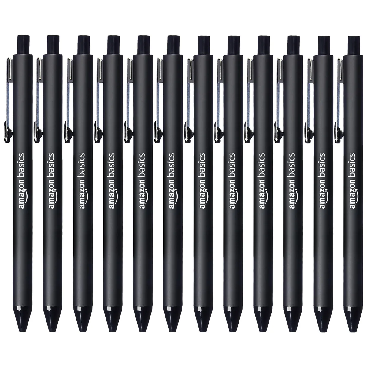 Twelve black retractable ballpoint pens with soft grips in plastic box