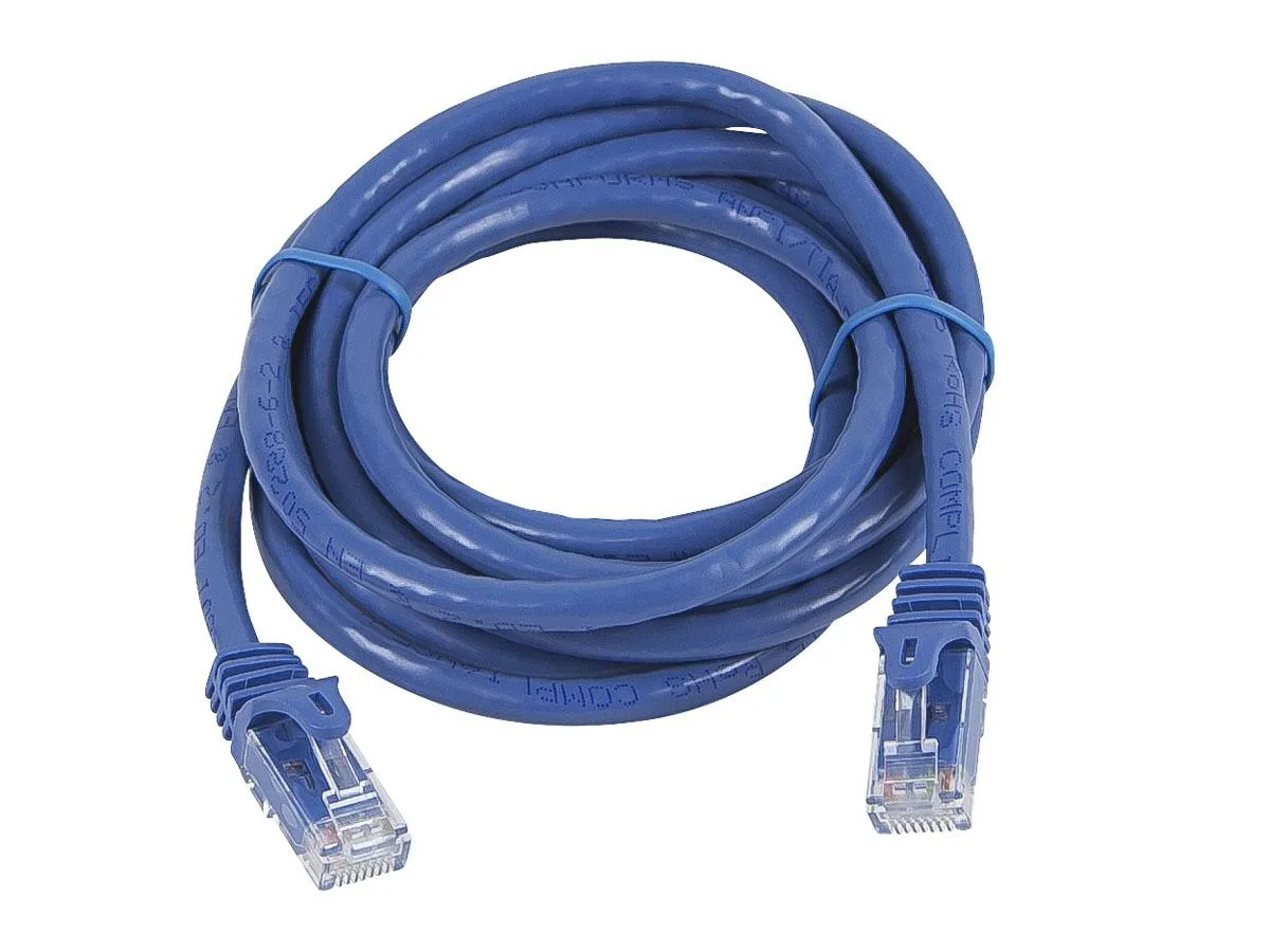 Blue Cat5e Ethernet patch cable with snagless boots, RJ45 connectors, 7ft length