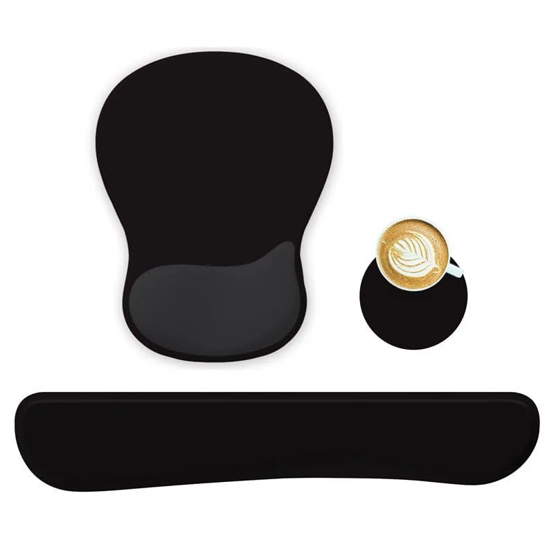 Black wrist rest set with keyboard pad, mouse pad and round coaster on desk