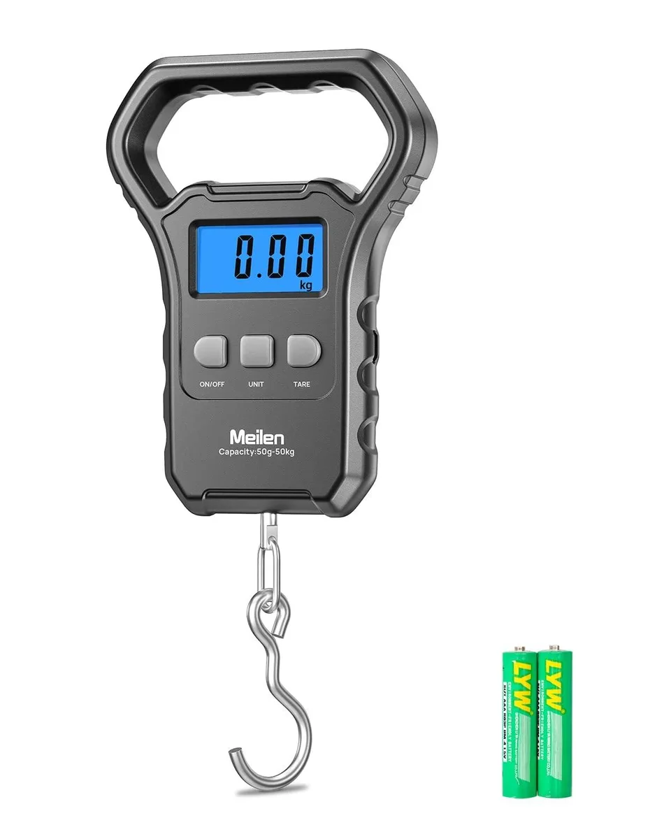 Black digital hanging scale with ergonomic rubber grip and stainless hook, backlit LCD display