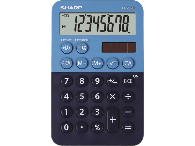 Handheld calculator with large LCD display and solar panel