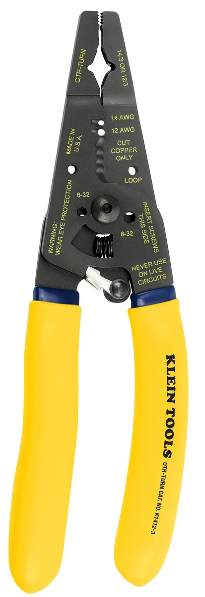 Klein Tools K1412 cable stripper cutter with yellow handles and precision blades