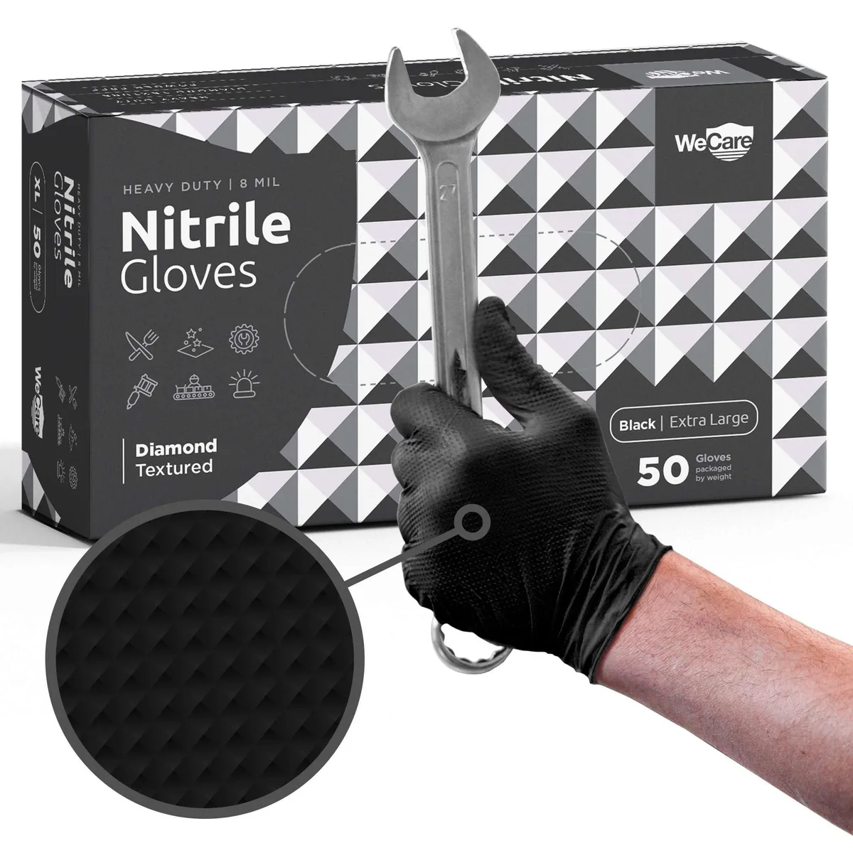  WECARE Black 8 Mil Nitrile Gloves Medium 50 Pack Diamond Grip — product photo