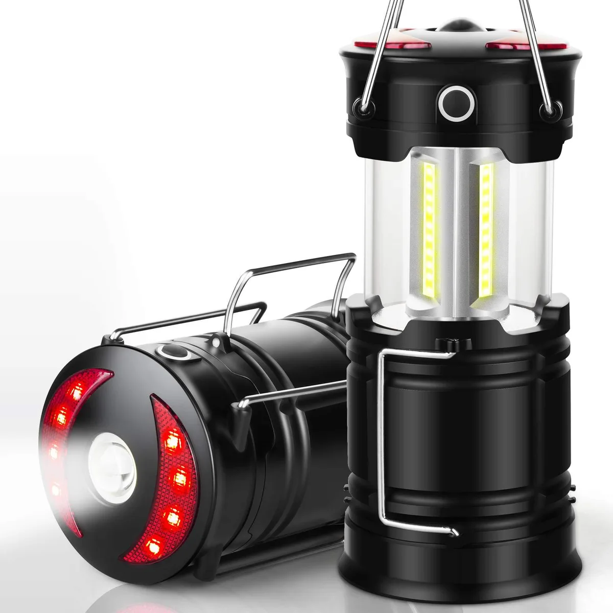 Two black collapsible LED lanterns with flashlight ends and magnetic bases