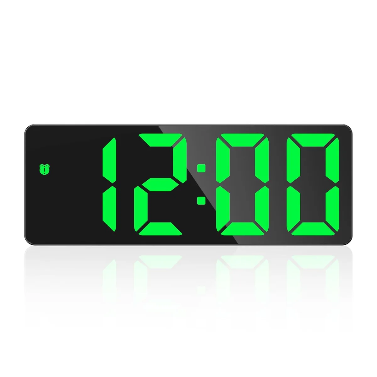 Green digital alarm clock, ultra-thin 1.2 inch profile, 6.3 inch LED display, USB and battery powered