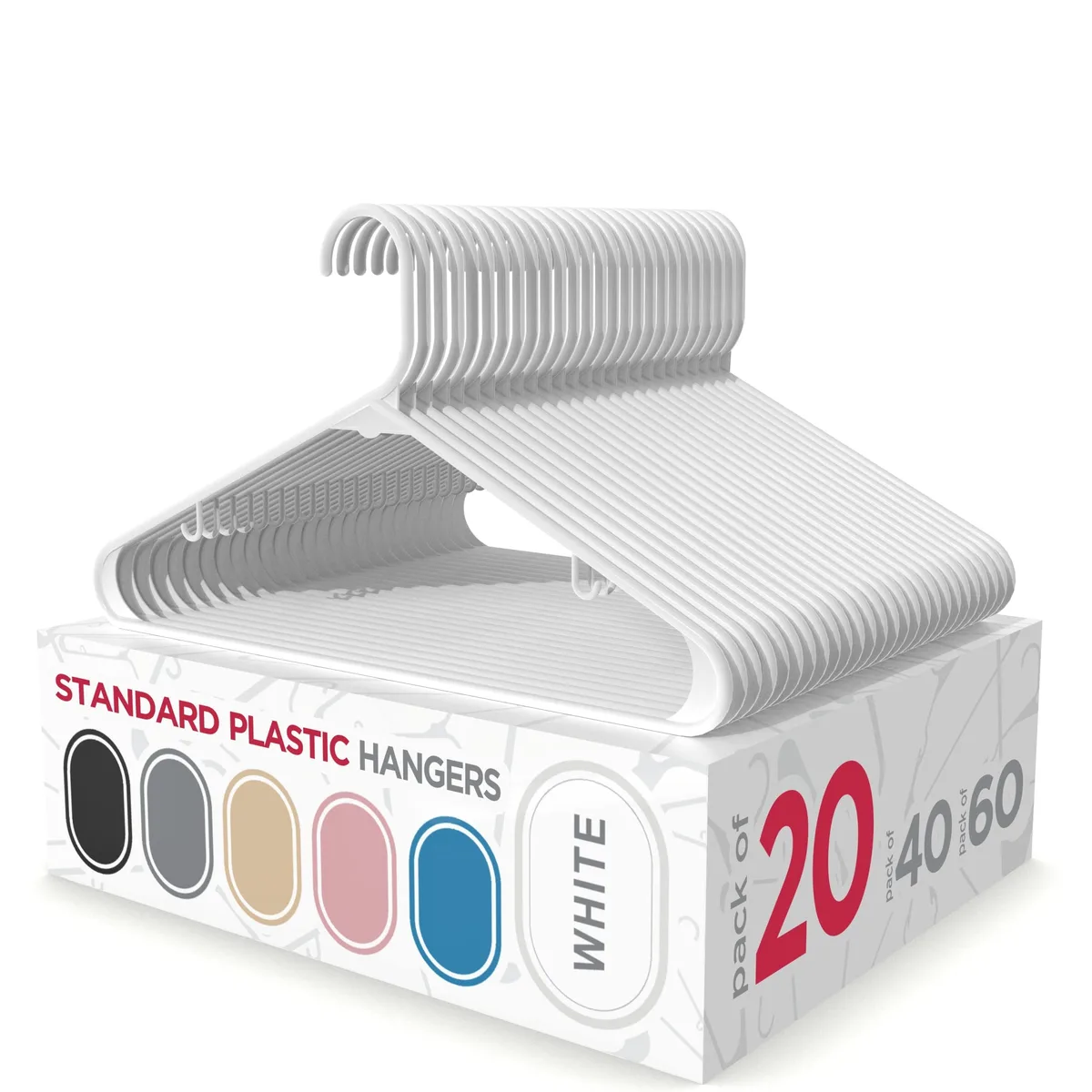 Twenty white plastic hangers with reinforced edges and accessory hooks