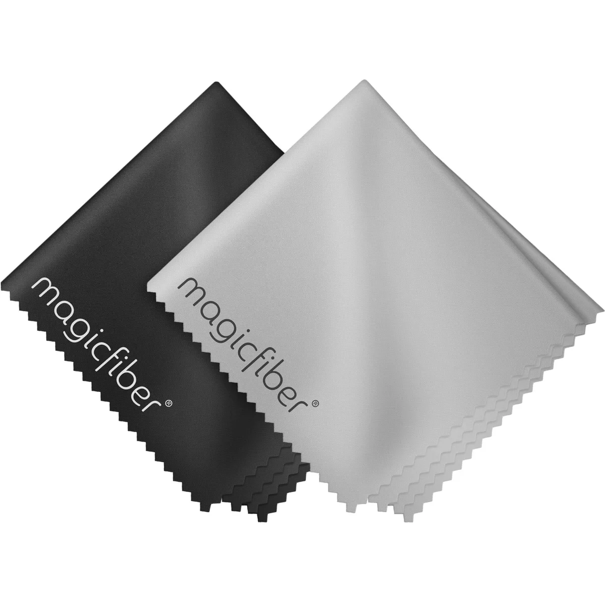 Two folded microfibre cloths, one black and one grey, sealed in individual polybags