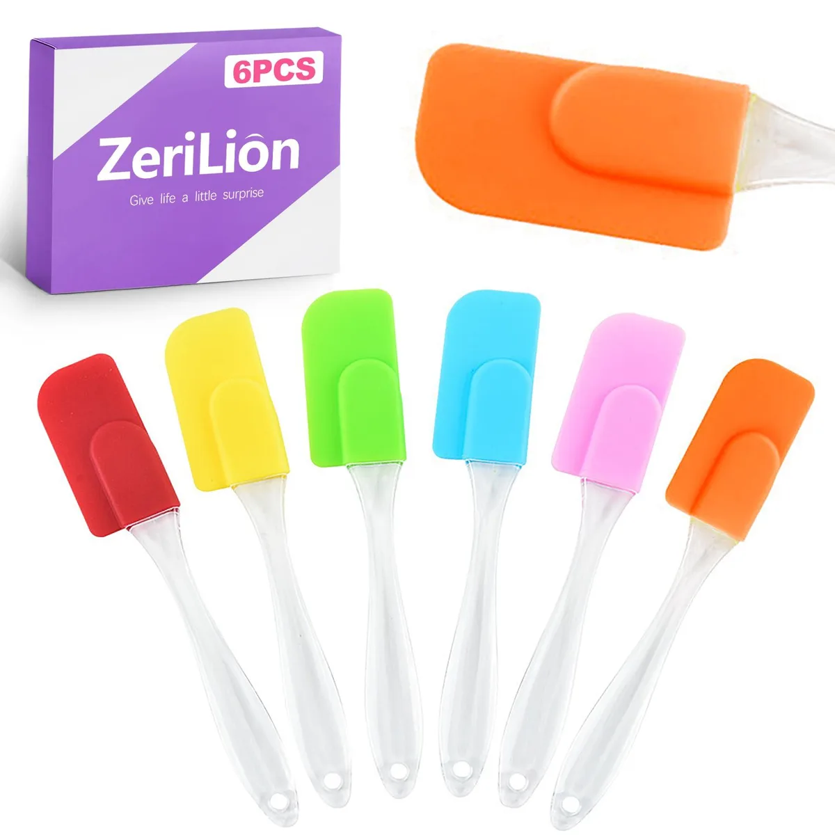 Six mini silicone spatulas in multi-coloured dots design, rectangular heads, hook handles