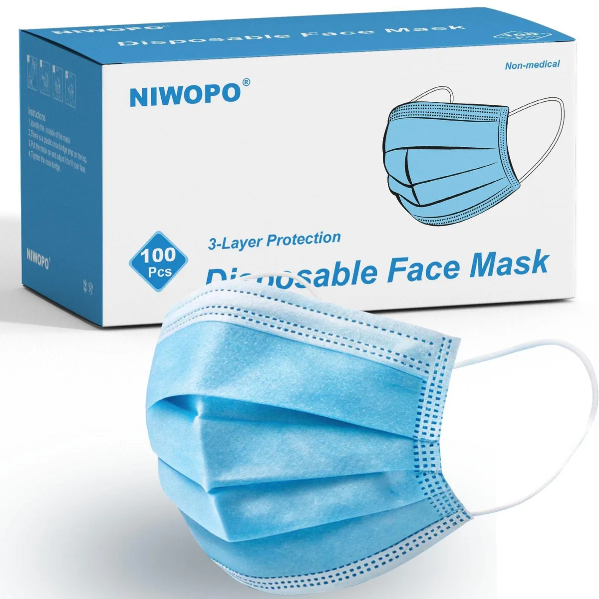  NIWOPO 3-Ply Disposable Face Masks 100 Pack Blue — product photo