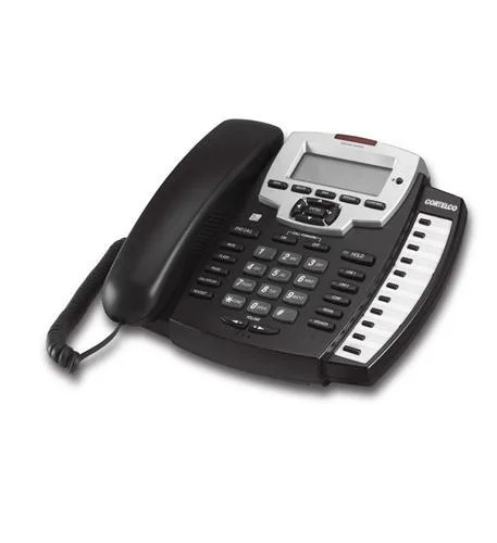 Two-line corded desk phone with backlit display and speakerphone