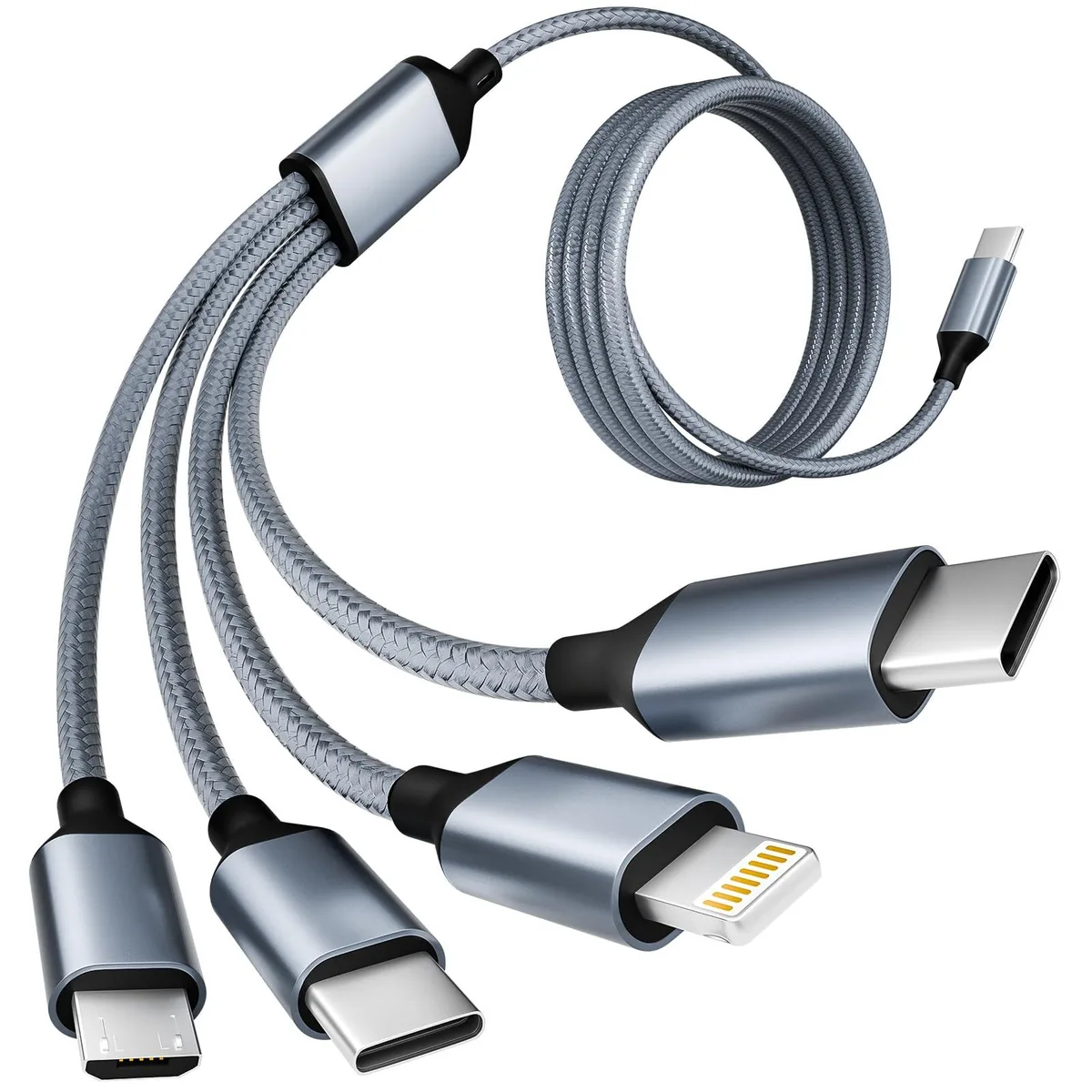 Greyish-white nylon-braided 5 ft cable with dual USB-C, Lightning and micro-USB tips