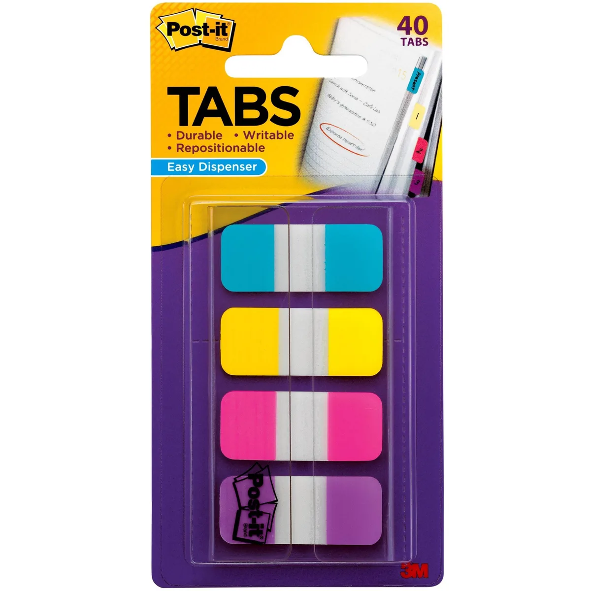 Post-it Flags dispenser with aqua, yellow, pink, violet tabs