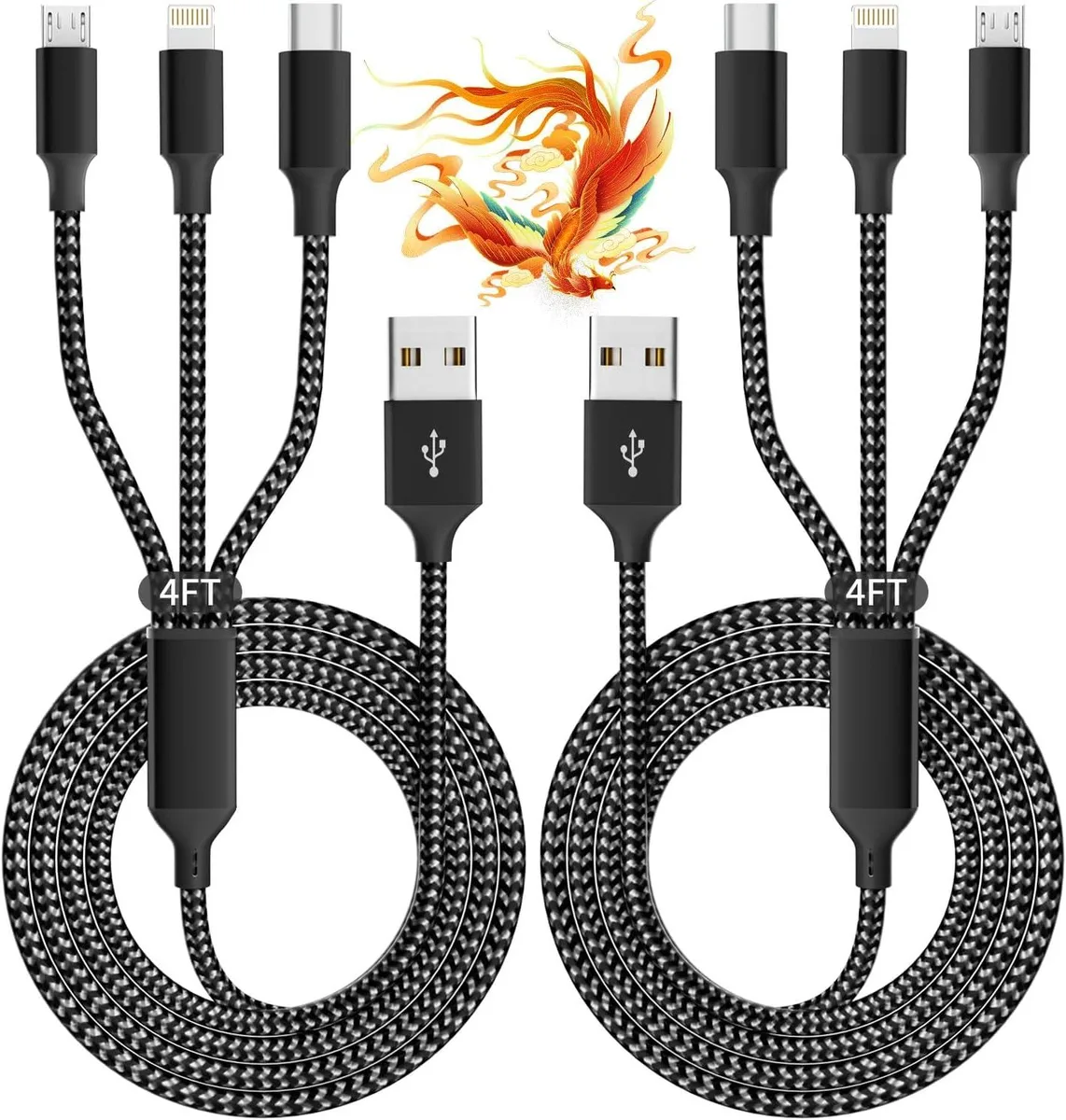 Kootion Kootion 3 in 1 USB Multi Charging Cable 2Pack 4FT Braided Type-C Micro USB IP Port — product photo