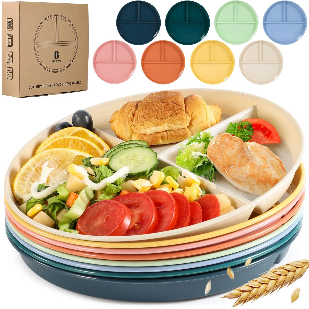 Eight multicoloured round wheat-straw plates with three compartments each