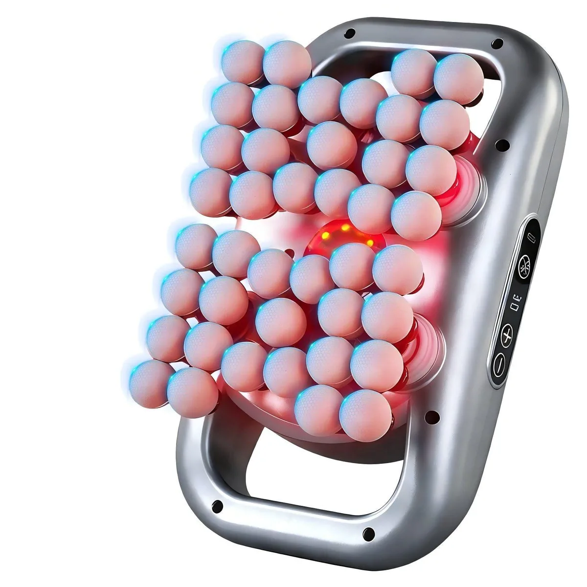Gray handheld percussion massage gun with textured grip and multiple attachment heads