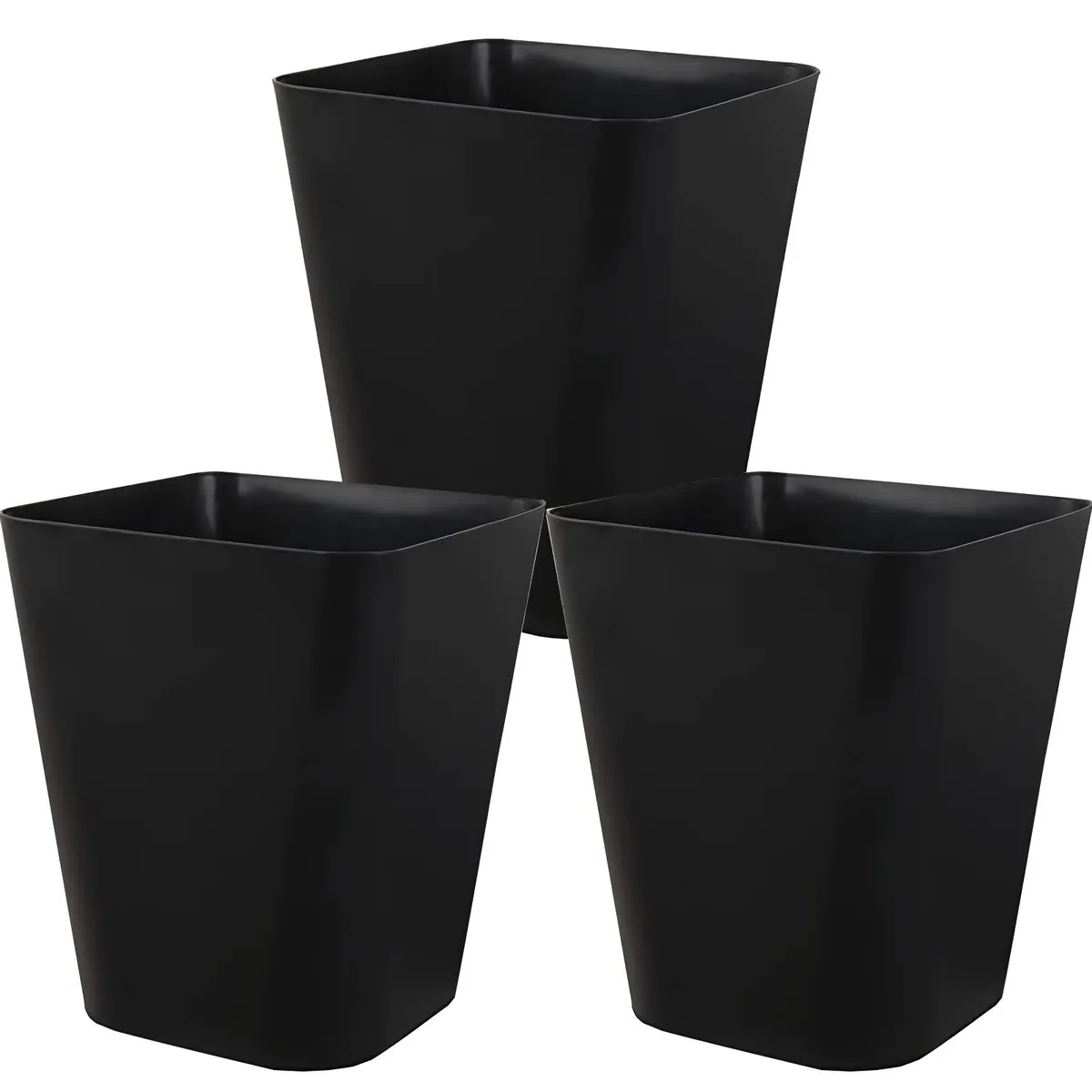 Three matte black square plastic bins 7.5 by 7.5 by 9.1 inches