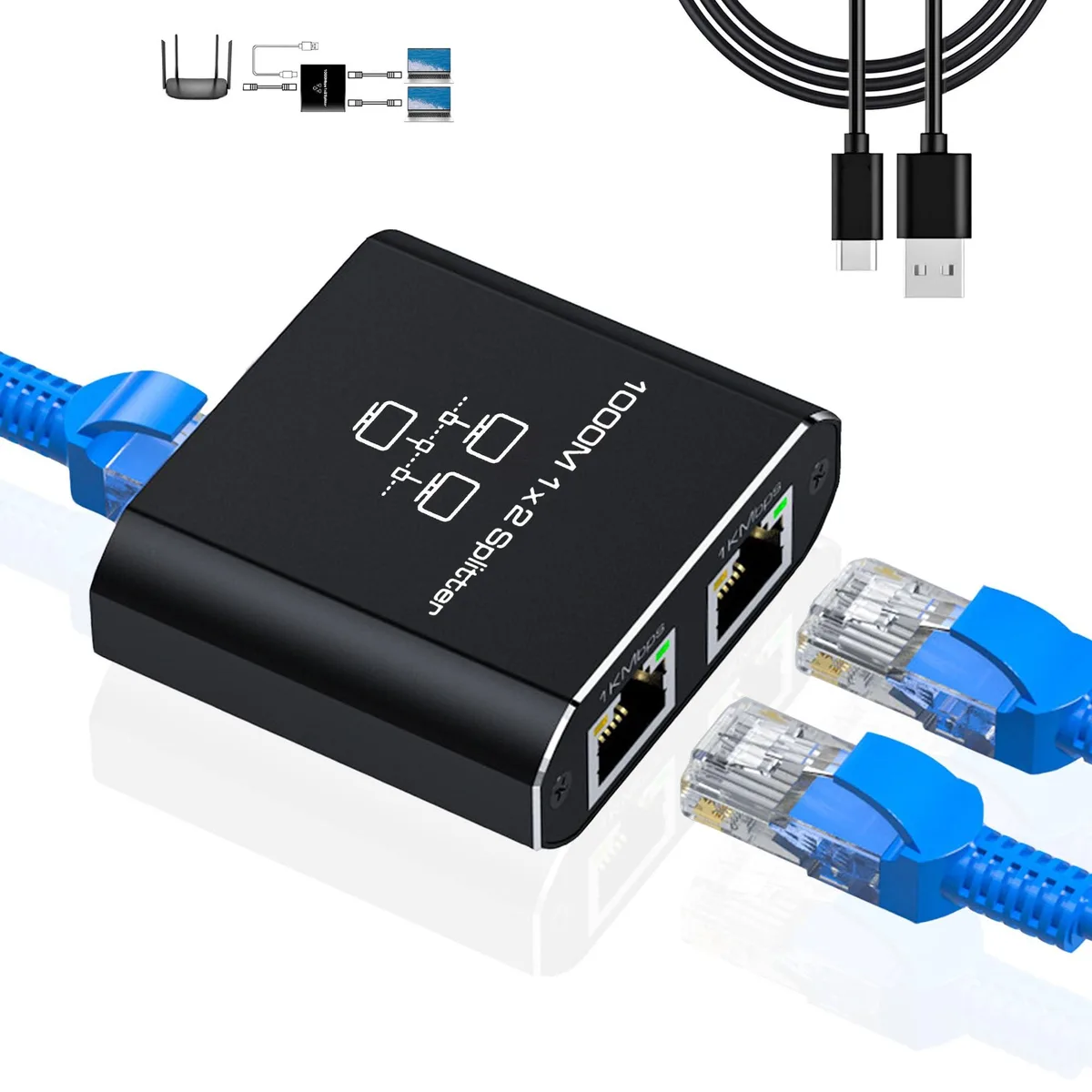 No Sew No Sew 02N-HNetwork Adapters Gigabit Ethernet Splitter 1 to 2 USB-C Powered Black — product photo