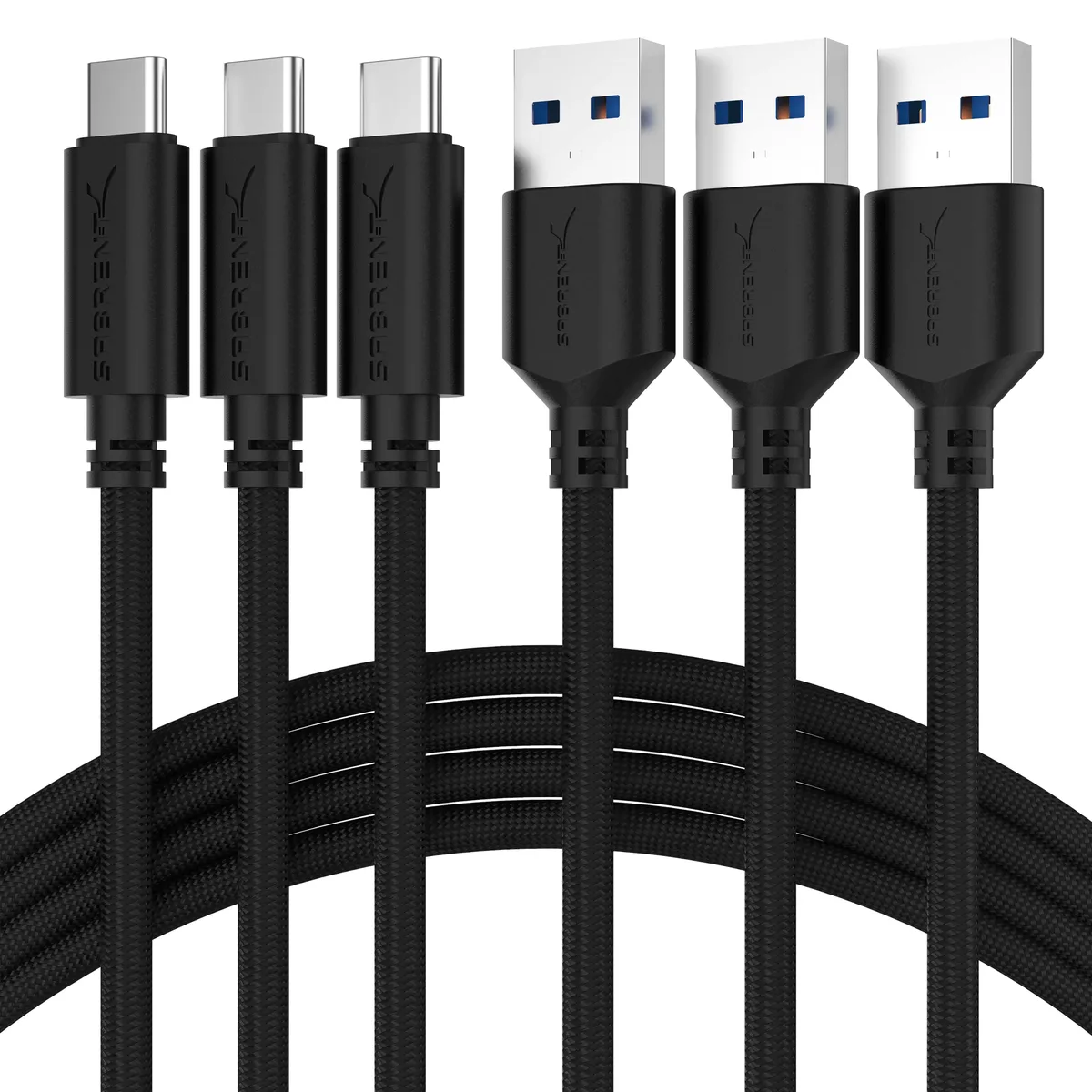Sabrent Sabrent CB-C3X6 3-Pack USB 3.0 USB-C to USB-A cables 6ft 22AWG black — product photo
