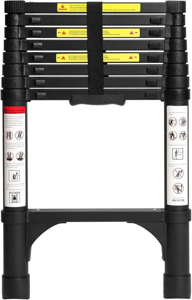 Black aluminium telescoping ladder with two triangular stabilisers, collapsed for storage