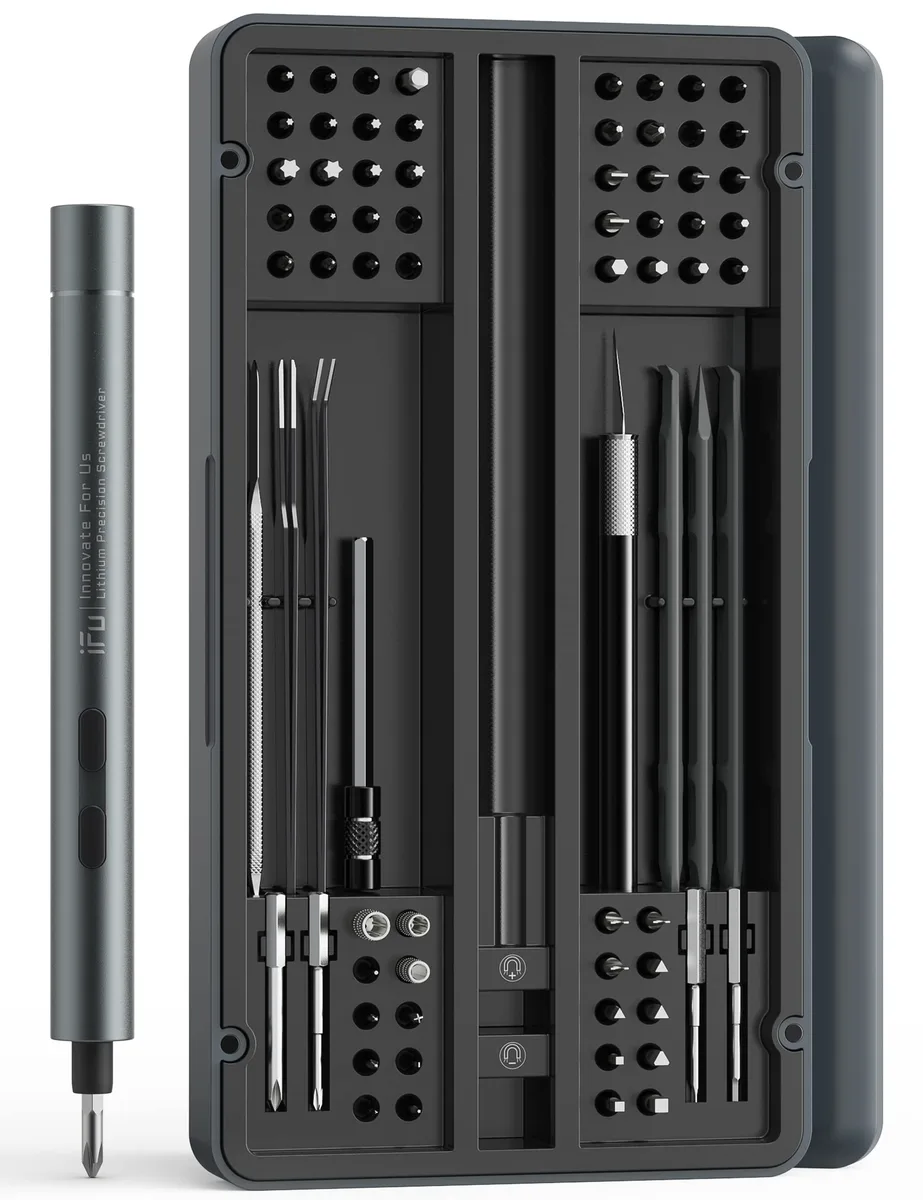 Black aluminium mini electric screwdriver with LED lights, hex chuck, USB-C cable, and 64 magnetic bits in a storage case