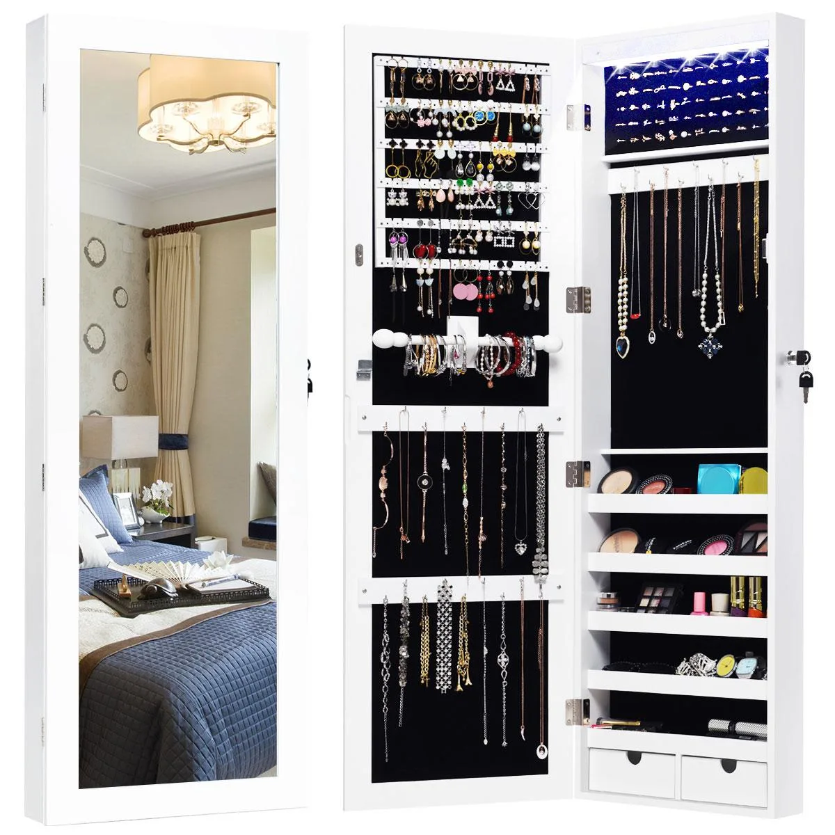 White wall-mounted jewelry cabinet with full-length mirror and LED lights