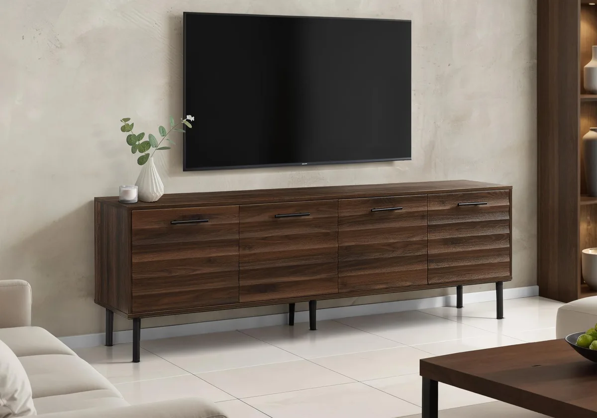 tuphen tuphen 72 Inch TV Stand Brown Laminate Black Metal Home Entertainment — product photo