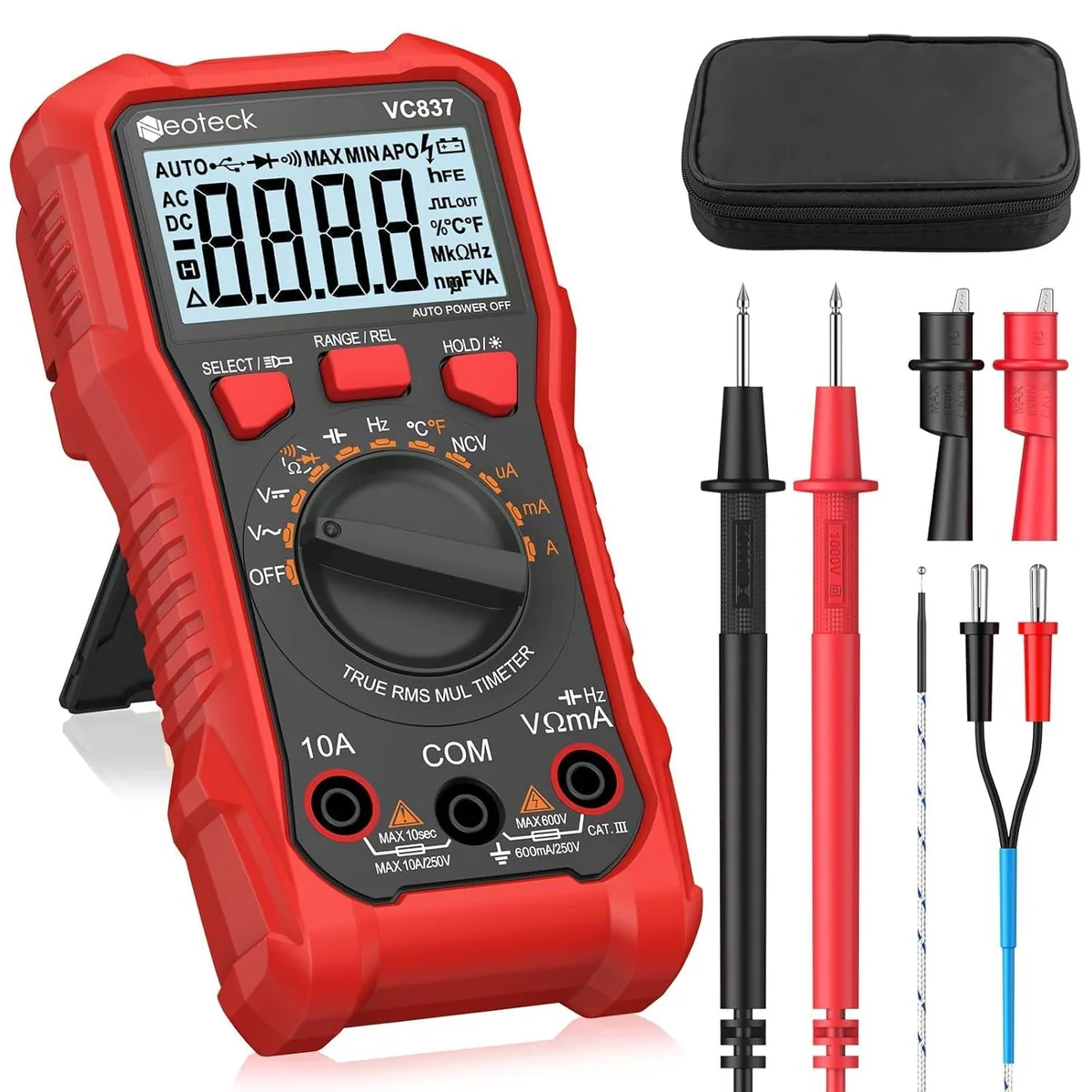 Orange digital multimeter with backlit display, test leads, and rubber holster