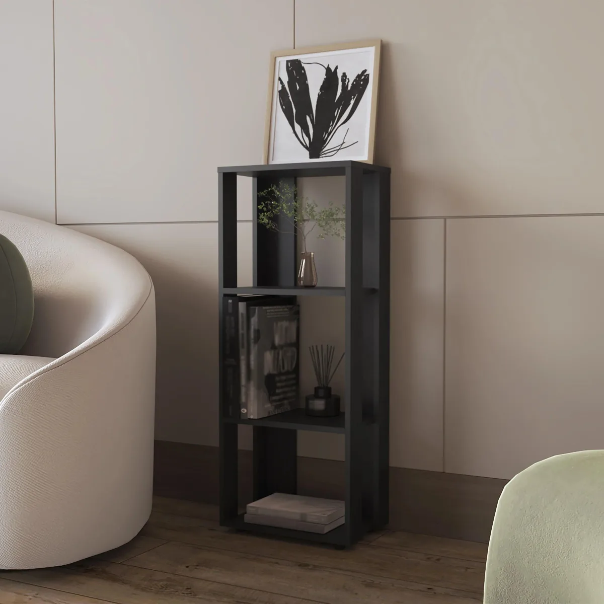 Black rectangular three-shelf open bookcase with matte finish
