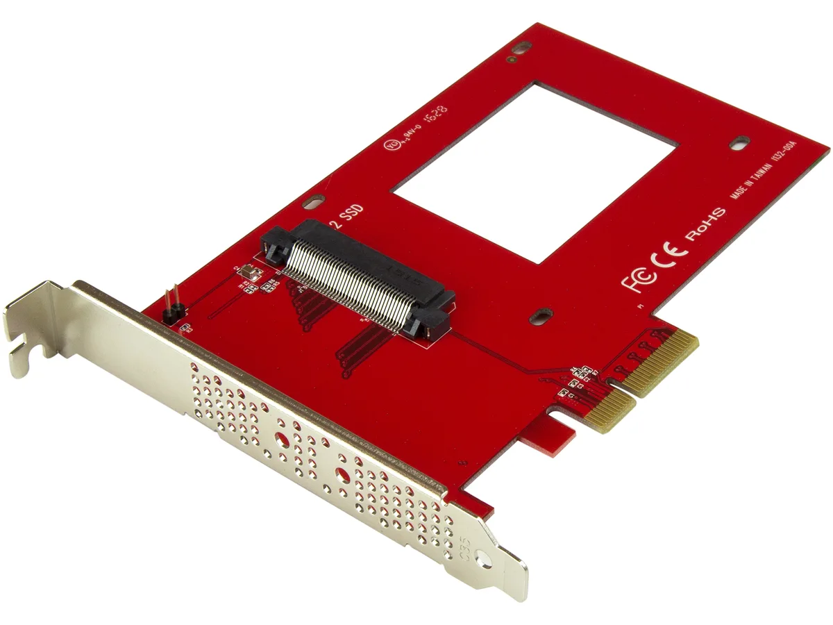 Green circuit board with gold edge connector and silver U.2 socket, four small mounting screws beside it