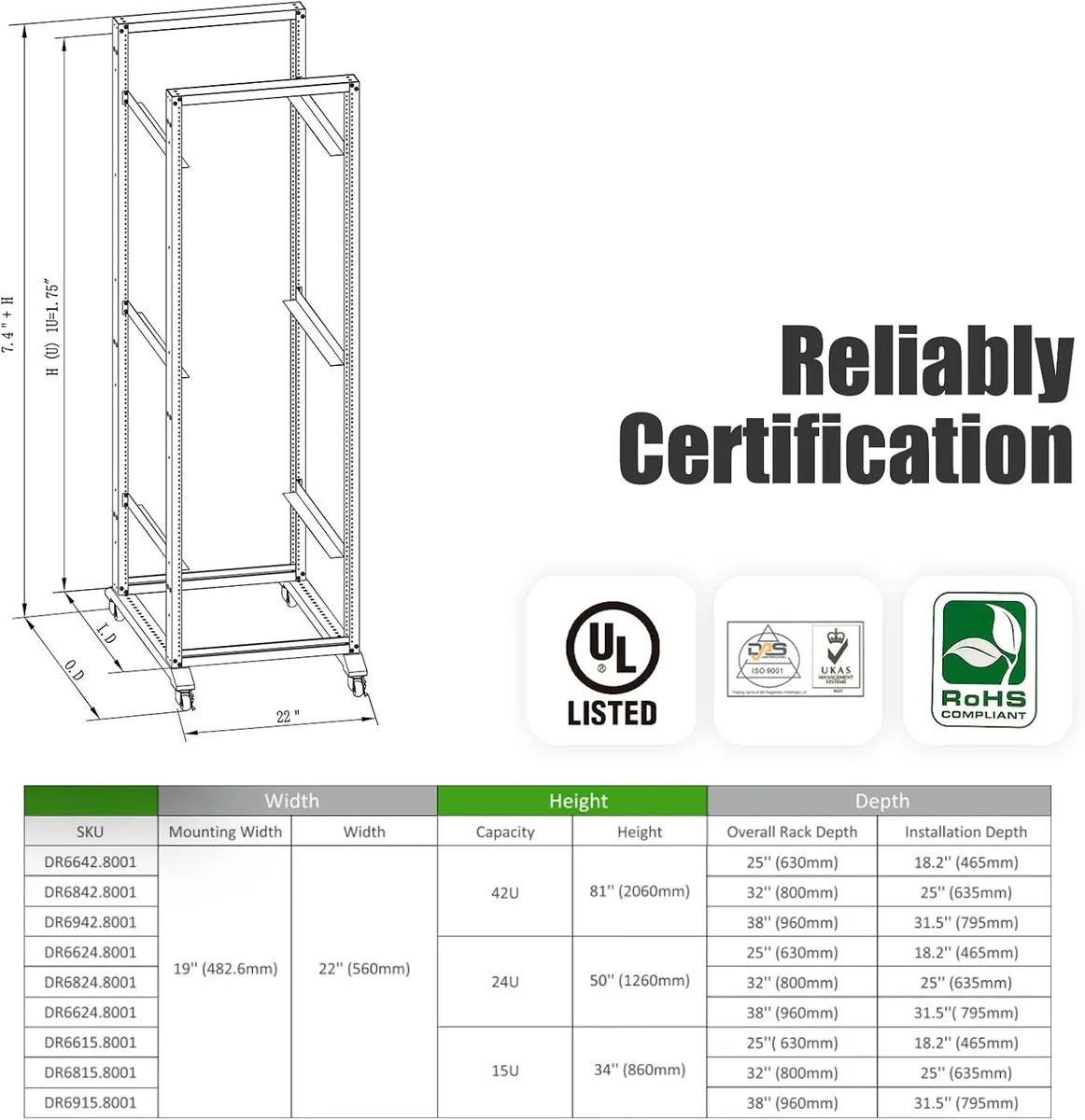 Black four-post open frame server rack on casters, 28U height, 17-inch post depth, 19-inch equipment width