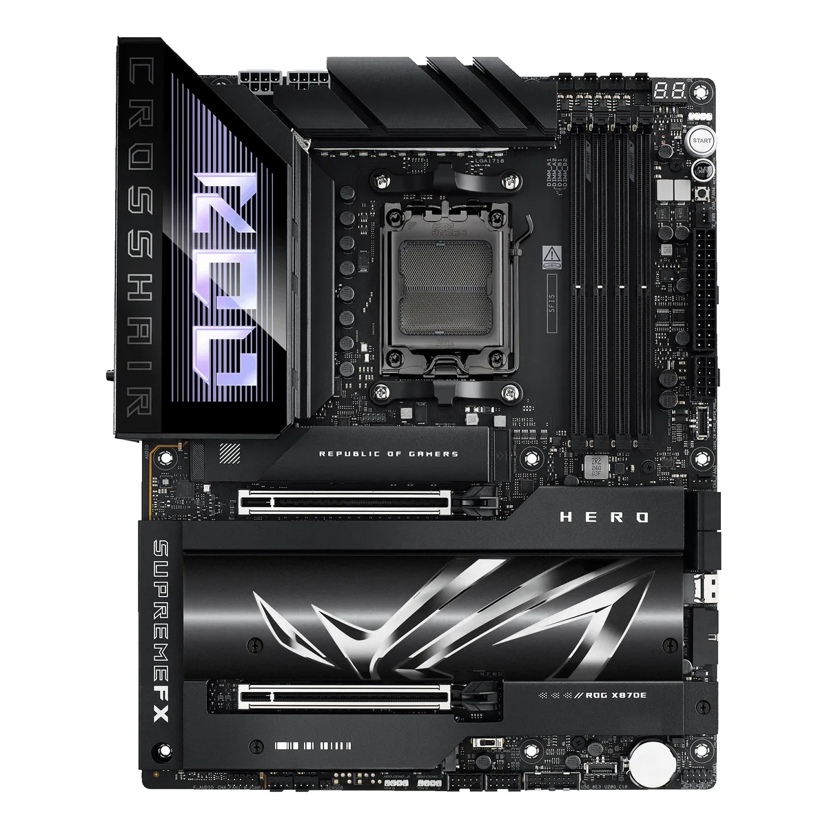 ASUS ASUS ROG Crosshair X870E Hero ATX AMD motherboard 18+2+2 power stages DDR5 slots five M.2 — product photo