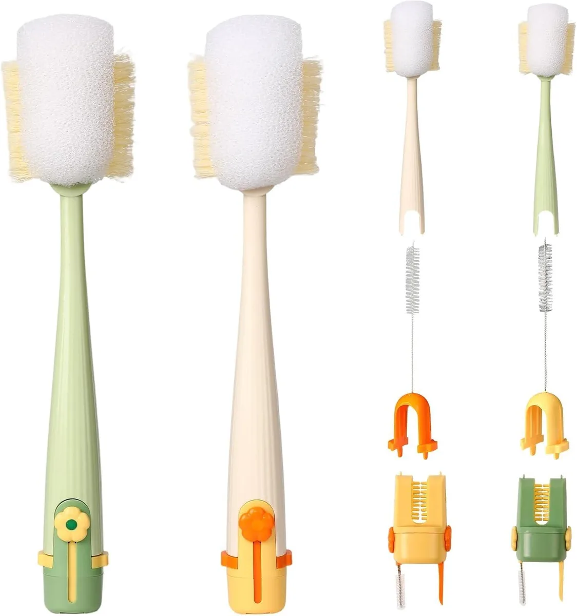 Two sets of five-piece bottle brush kits with long handles and interchangeable heads