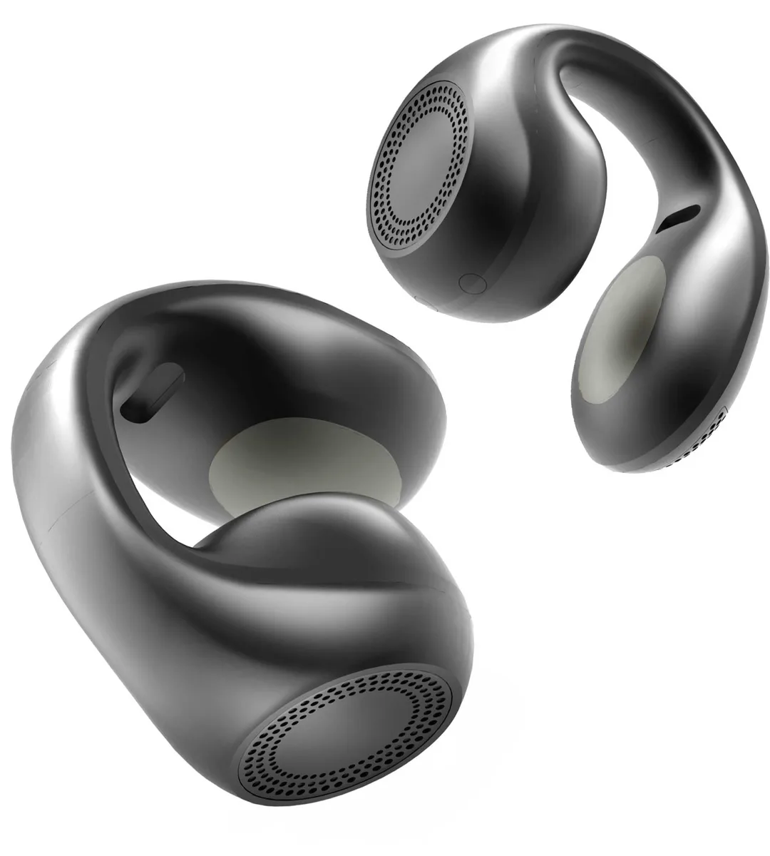 White clip-on earbuds with soft cushioned pads and U-shaped ear hooks, open-ear design, charging case included