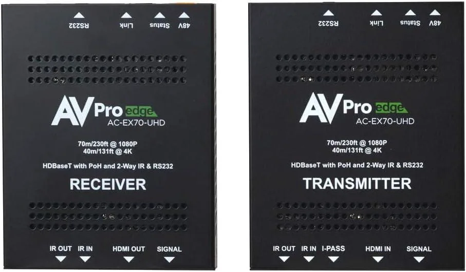 A compact black transmitter and receiver set with HDMI ports and Ethernet jacks