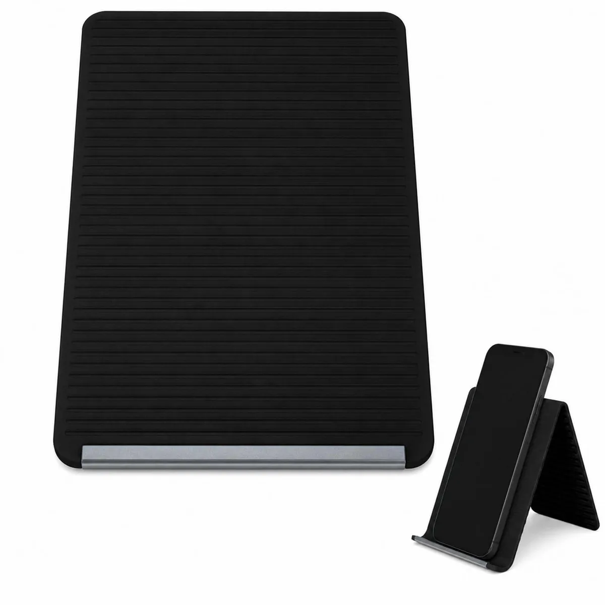 Black flexible silicone phone mount with bendable aluminium core, foldable tabletop stand, 360° adjustable angle