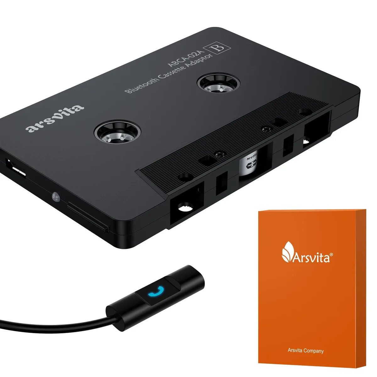Black cassette-shaped Bluetooth 5.0 adapter with USB charging