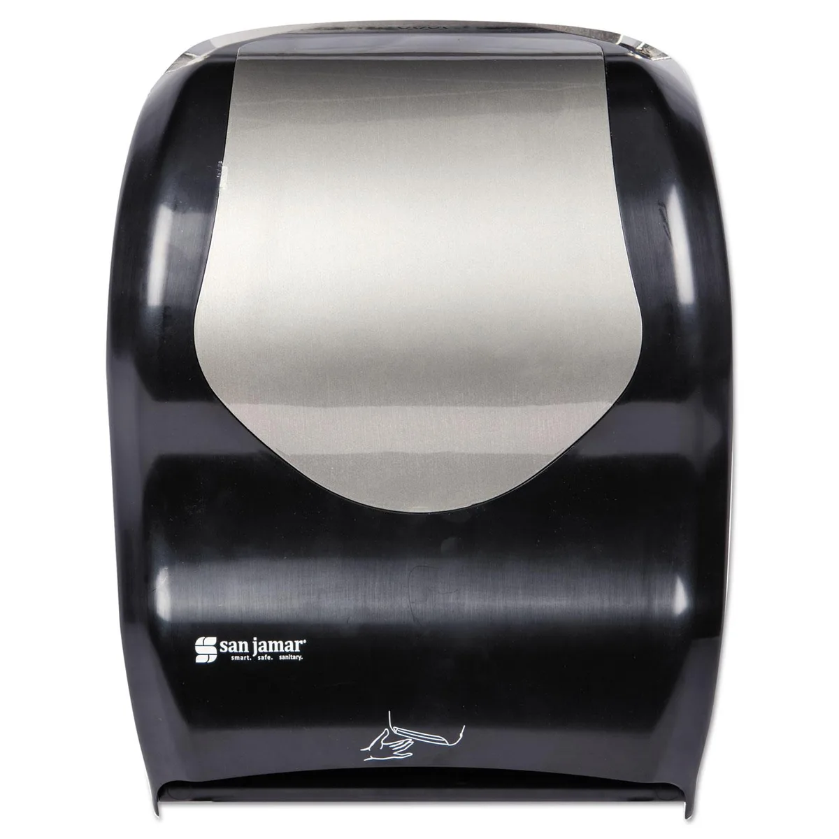 Black stainless-look wall-mounted touchless towel dispenser with sensor window